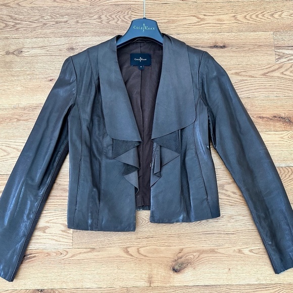 Cole Haan Brown Leather Jacket Cropped Design and Feminine Ruffle Front Detail - Picture 1 of 9